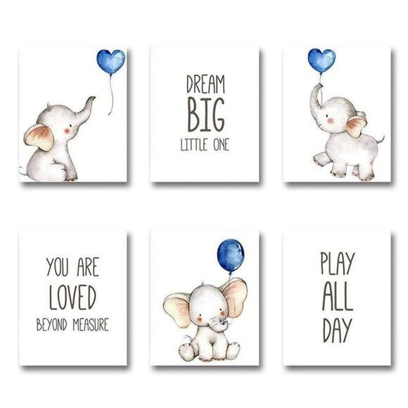 Set of 6 Unframed Baby Boy Nursery Wall Art Prints, Blue Elephant Nursery Wall - Picture 1 of 7
